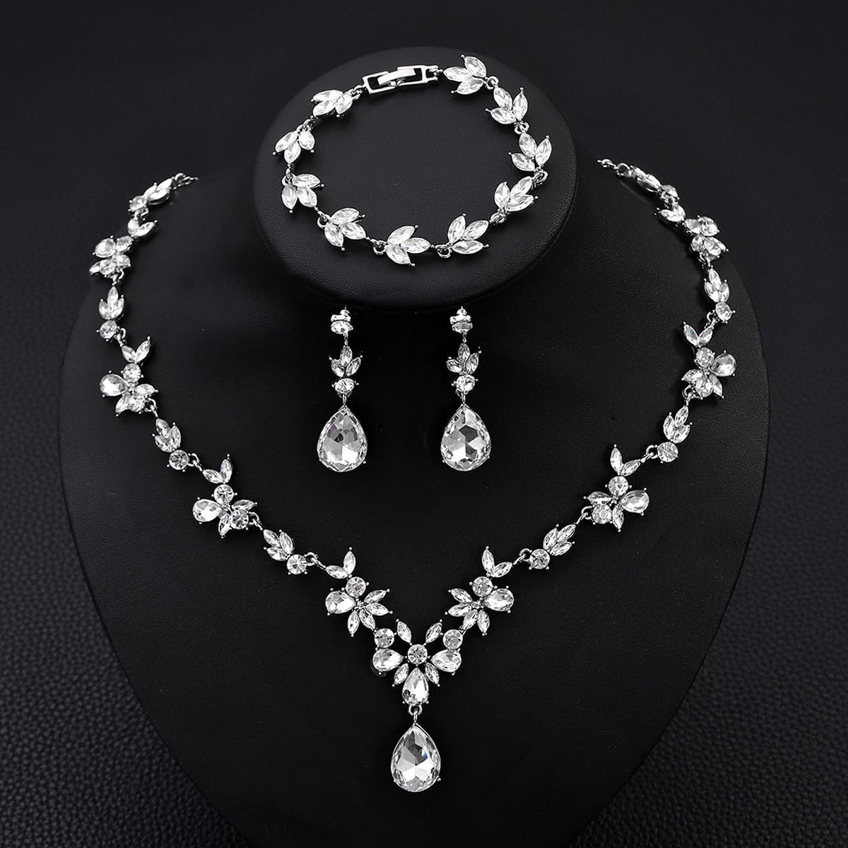 Kamirola Bridal Jewelry Set, Jewelry Set for Women, Necklace Dangle Earrings Bracelet Set, White Gold Plated (TR76)