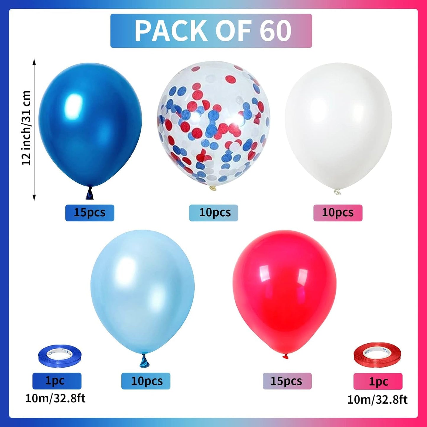 Red White Blue Balloons, 60pcs Pearl Navy Light Blue Matte Red White Confetti Helium Latex Balloons for Patriotic Veterans Memorial Day Baseball Nautical Theme Birthday Baby Shower Party Decorations