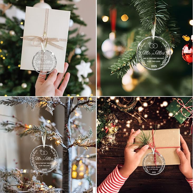 First Christmas Married Ornament 2025 - Mr and Mrs Sign Wedding Gifts for Couples, Newlyweds - Bridal Shower Present, Bride to Be Just Married Decoration