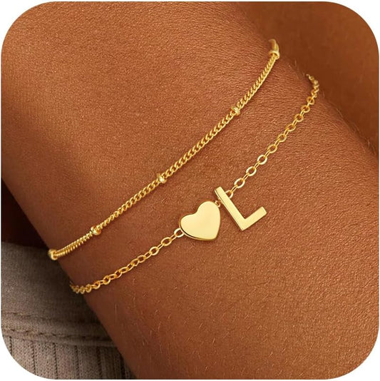 Christmas Gifts for Grandkids Teens Girls, 14K Gold Plated Heart Initial Bracelets for Women Girl Dainty Gold Bracelets Birthday Gifts Stocking Stuffers for Teen Girls Women Jewelry