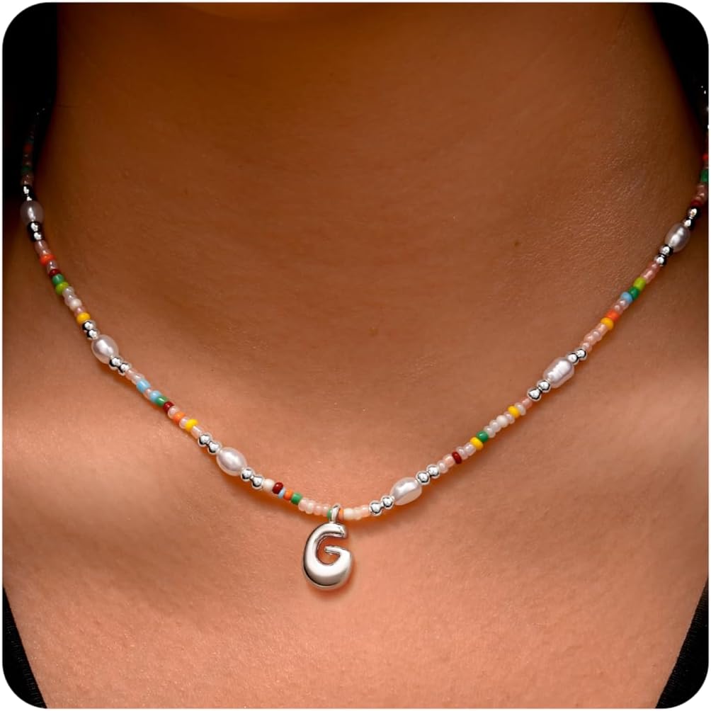 Ritach Initial Necklaces for Women Girls - Christmas Gifts for Grandkids Light Colorful Beaded Pearl Initial Necklace Gold/Silver Bubble Pendant Letter Necklace Stocking Stuffers for Teen Girls Women