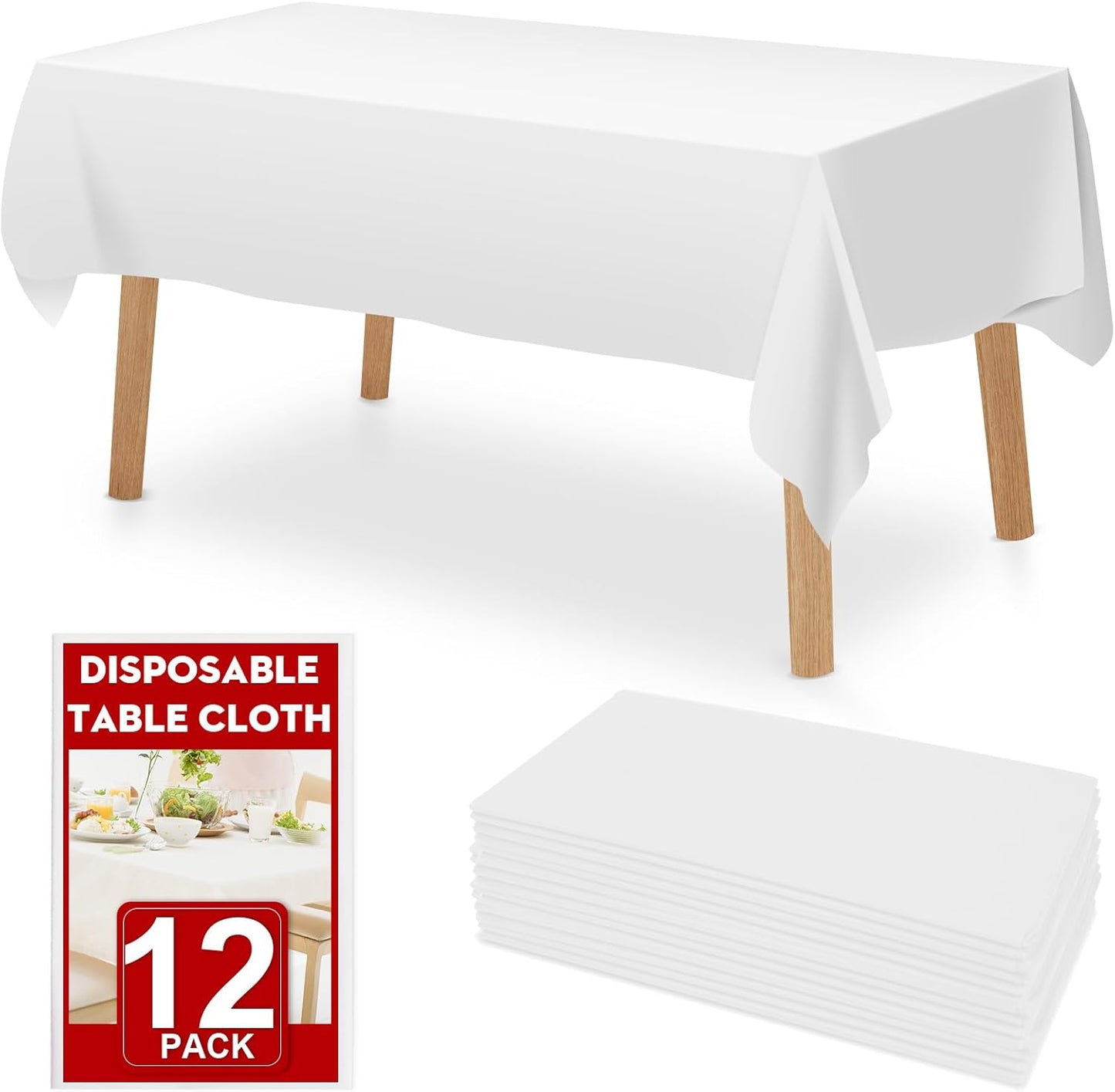12 Pack White Plastic Table Cloths Disposable, 54 x 108 Inches Plastic Table Cover for Rectangle Tables, Disposable Tablecloth for Dinning, Parties, BBQ, Wedding, Outdoor