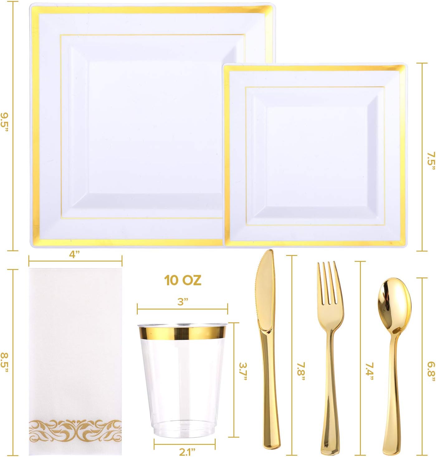 FOCUSLINE 350 Ct Disposable Dinnerware Set for 50 Guests -Heavy Duty Square Plastic Plates with Gold Rim, Includes 50 Dinner & Salad Plates, Cups, Napkins, Cutlery Set