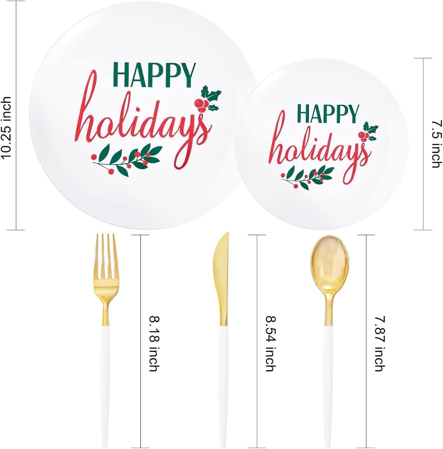 Supernal 150pcs Christmas Plastic Dinnerware with Holiday Plastic Plates,White and Gold Disposable Silverware, Christmas Plates with "Happy Holiday"