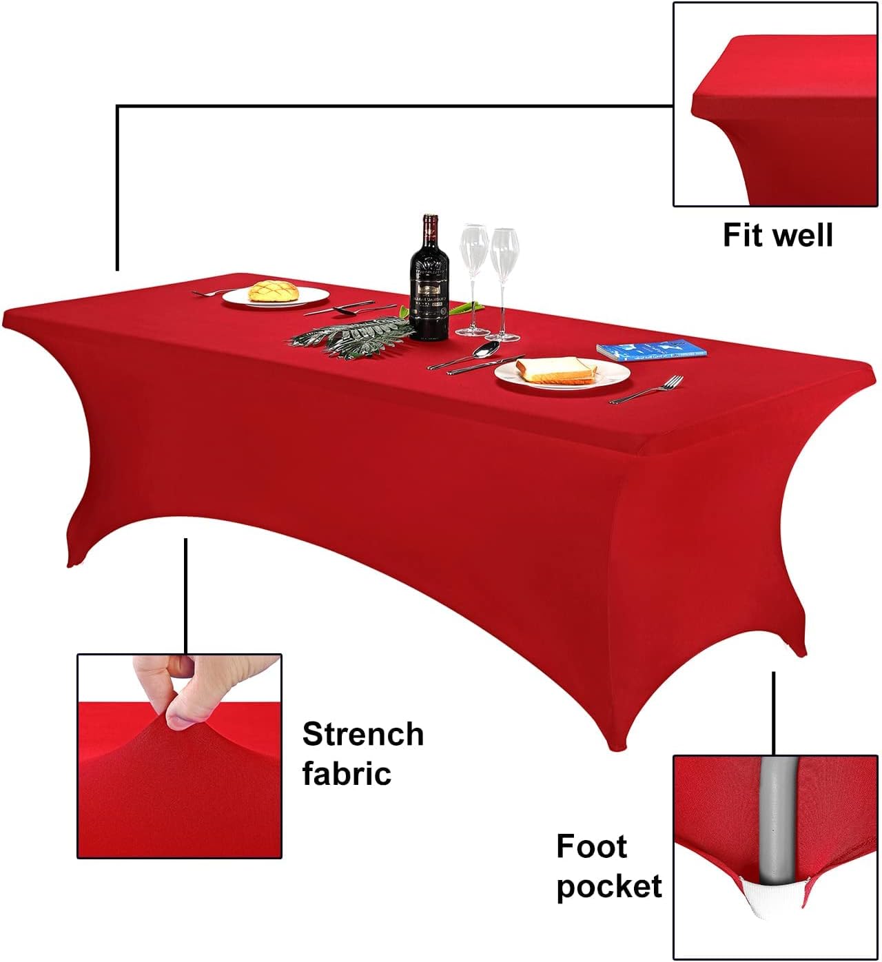 FORLIFE 4Pack Spandex Table Covers，Fitted Tablecloth for Rectangular Tables, Stretch Patio Table Covers, Universal Spandex Table Cover for Wedding, Banquet, Party (8ft, Red)