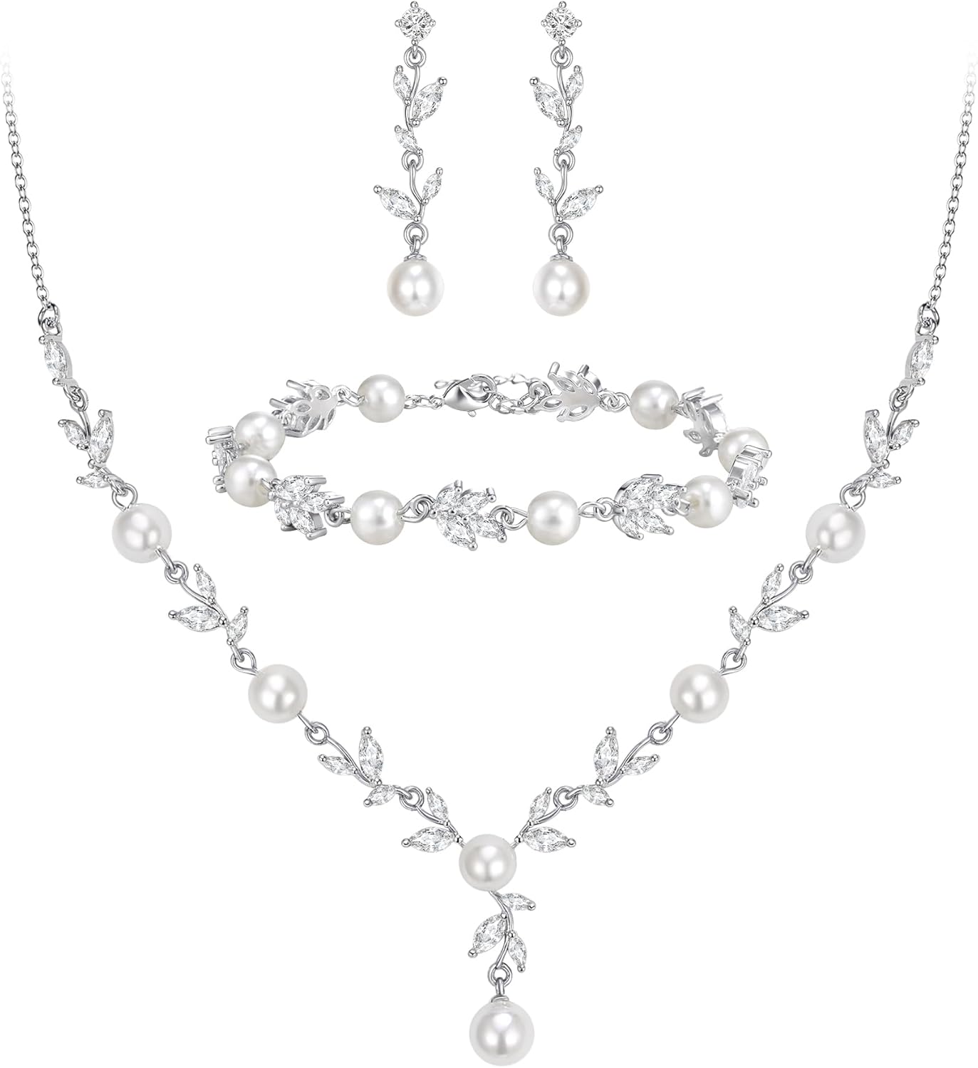 EVER FAITH Bridal Cubic Zirconia Jewelry Sets for Women, White Simulated Pearl Leaf Vine Pendant Wedding Party Necklace Earrings Set for Bridesmaid Bride
