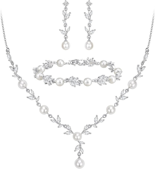 EVER FAITH Bridal Cubic Zirconia Jewelry Sets for Women, White Simulated Pearl Leaf Vine Pendant Wedding Party Necklace Earrings Set for Bridesmaid Bride