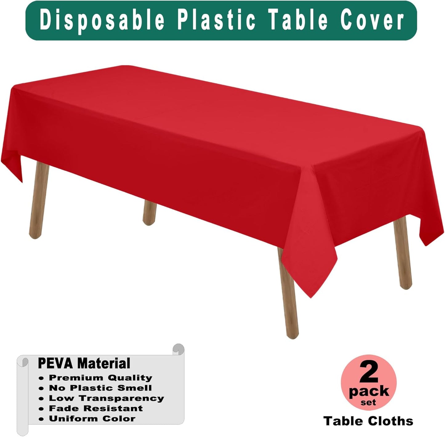Red Plastic Tablecloths - 2 Pack Disposable Table Covers 54 x 108 Inch Bridal Shower, Party, Picnic, Birthday, Wedding, Banquet Use - PEVA Table Cloths 8 ft Rectangle