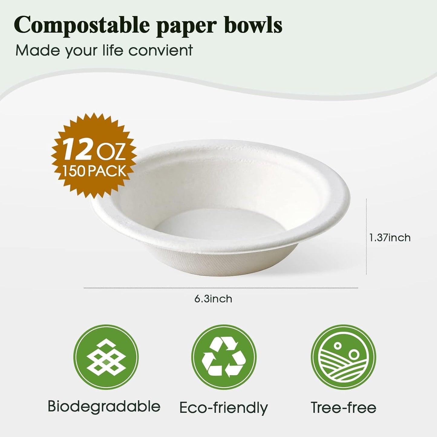 ECOLipak 150 Pack Compostable Disposable Paper Bowls, 12 OZ Heavy duty Biodegradable Eco Friendly Sugarcane Bagasse Bowls Great for Soup, Salad, Milk Cereals