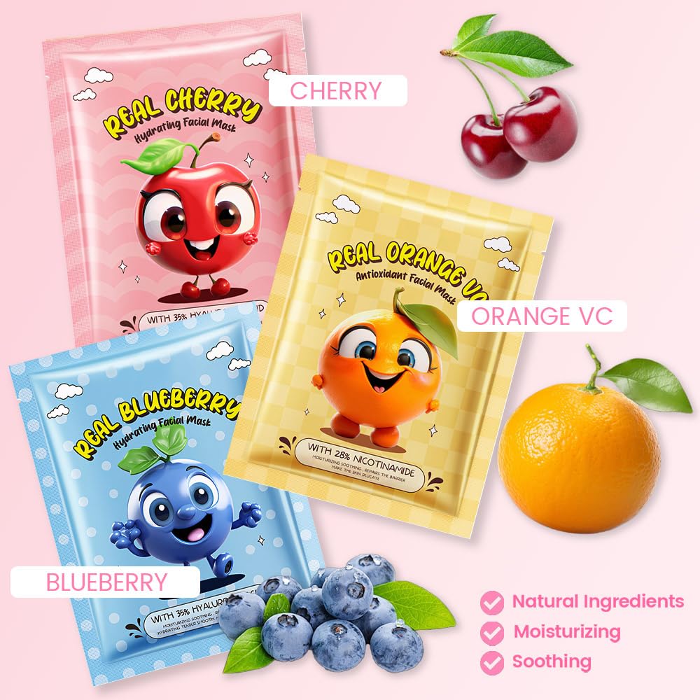 Kaely 12 Pack Fruit Face Masks for Kids, Kids Face Mask Spa Day Kit Supplies, Spa Party Favors for Teens Girls Women, Sheet Facial Mask Skincare Gifts Set, Moisturize Soothe for All Skin Types, 04