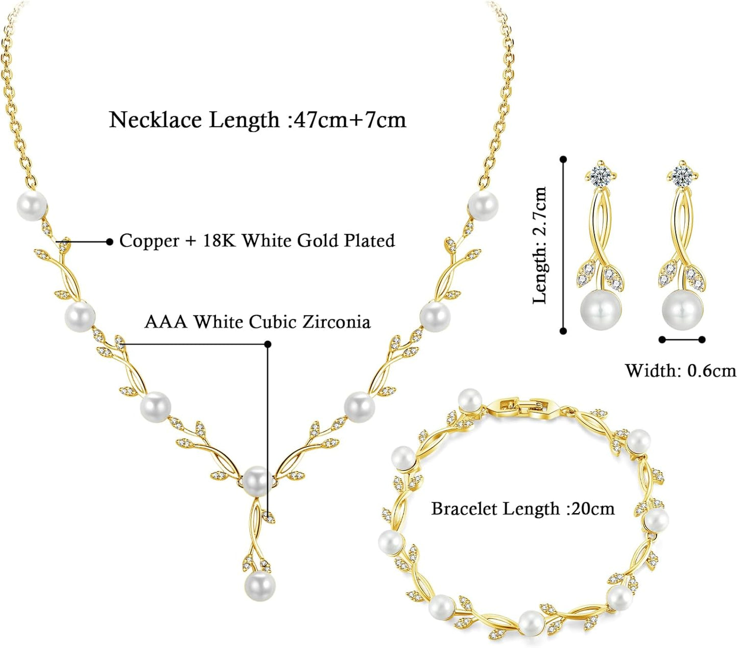 Hadskiss Jewelry Set for Women, Necklace Dangle Earrings Bracelet Set with White AAA Cubic Zirconia, Allergy Free Wedding Party Jewelry for Bridal Bridesmaid