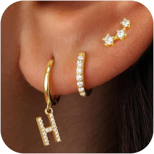 Gold Earrings for Women Girls - 3 Pairs Gold Huggie Hoop Earrings for Girls with Initial Dangle Cartilage Earrings Studs Hypoallergenic Earring Set for Multiple Piercing Gifts for Women Girl