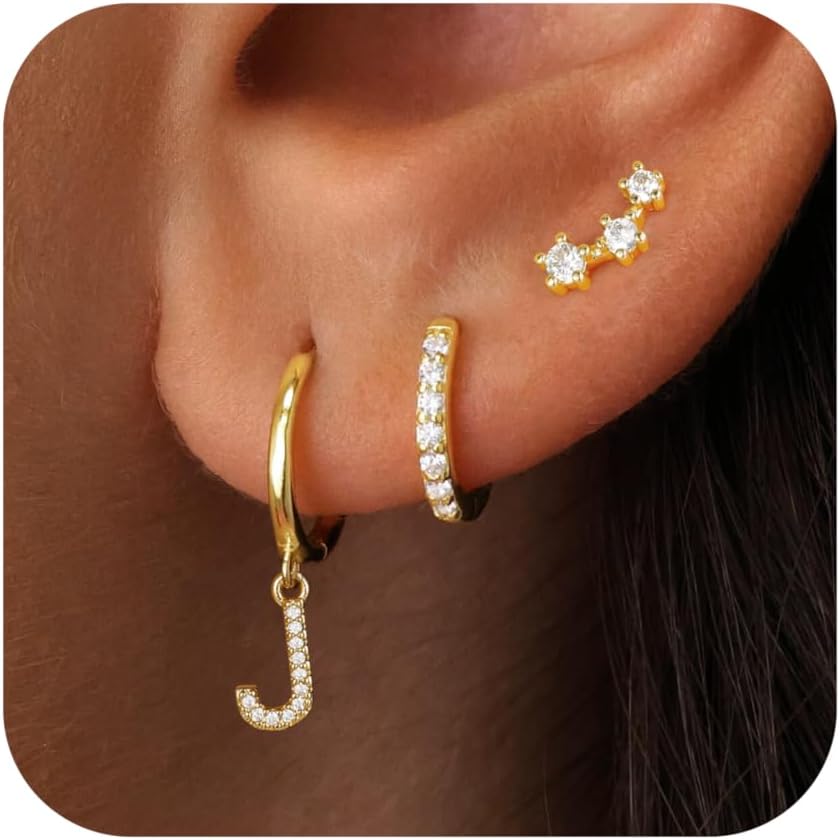 Gold Earrings for Women Girls - 3 Pairs Gold Huggie Hoop Earrings for Girls with Initial Dangle Cartilage Earrings Studs Hypoallergenic Earring Set for Multiple Piercing Gifts for Women Girl