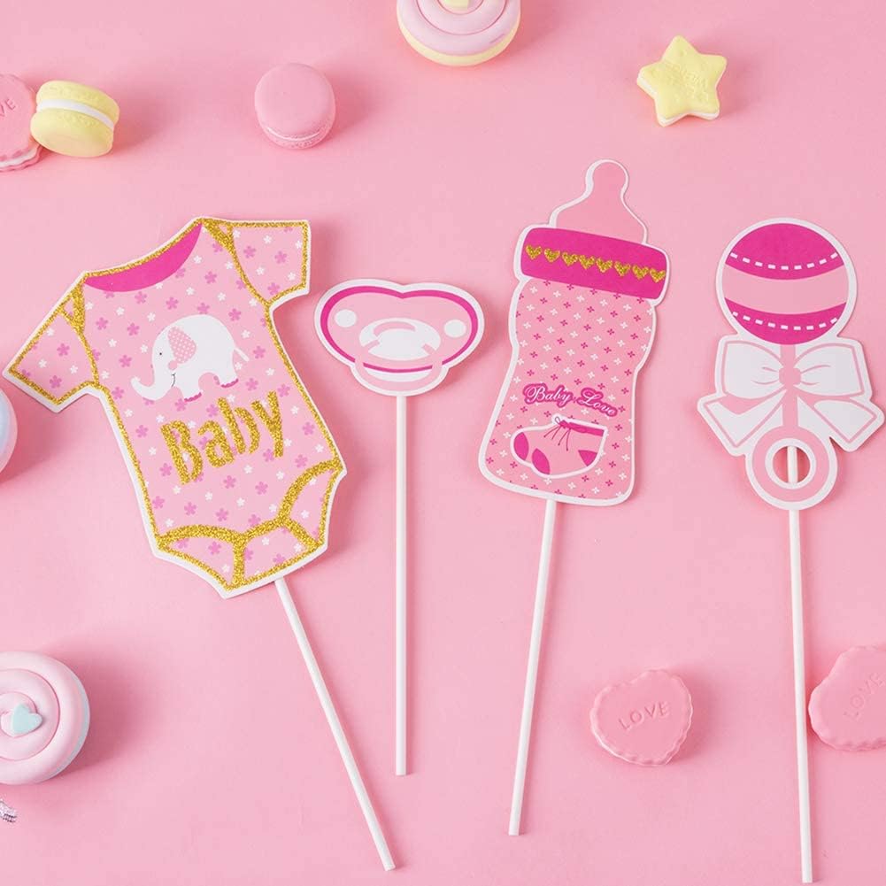 SUNBEAUTY 20 Pcs Girl Baby Shower Photo Booth Props Pink and Gold Lovely Photobooth Props with Sticks for Baby Shower Accessories Newborn Girl Gift Party Supplies