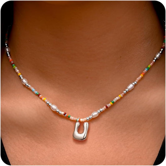 Ritach Initial Necklaces for Women Girls - Christmas Gifts for Grandkids Light Colorful Beaded Pearl Initial Necklace Gold/Silver Bubble Pendant Letter Necklace Stocking Stuffers for Teen Girls Women