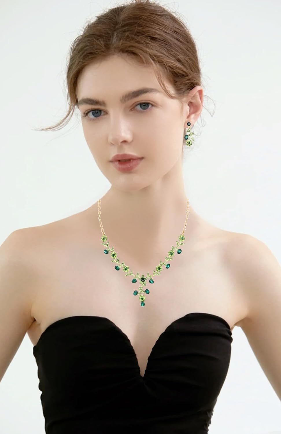 SFE Elegant Austrian Crystal Bridal Bridesmaid Wedding Jewelry Flower Leaf Necklace Dangle Earrings Link Bracelet Jewelry Set for Women