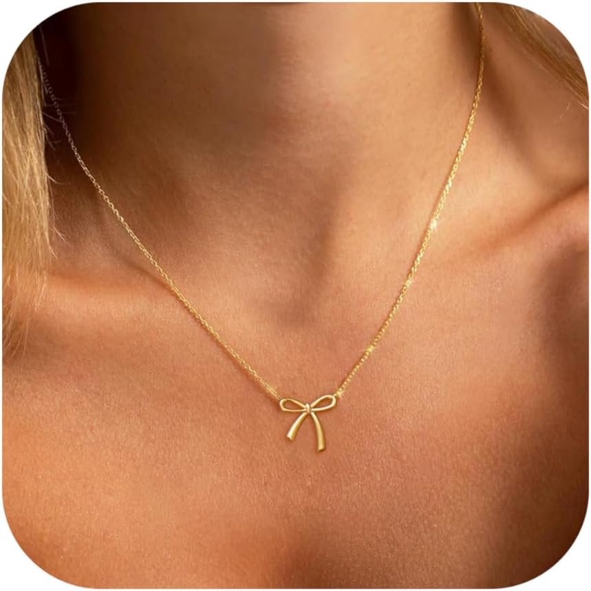 Stocking Stuffers for Women Dainty Bow Necklace 14K Gold Plated Cute Choker Small Pendant Charm Necklaces Teen Gift Trendy Stuff Personalized Jewelry Christmas Gifts