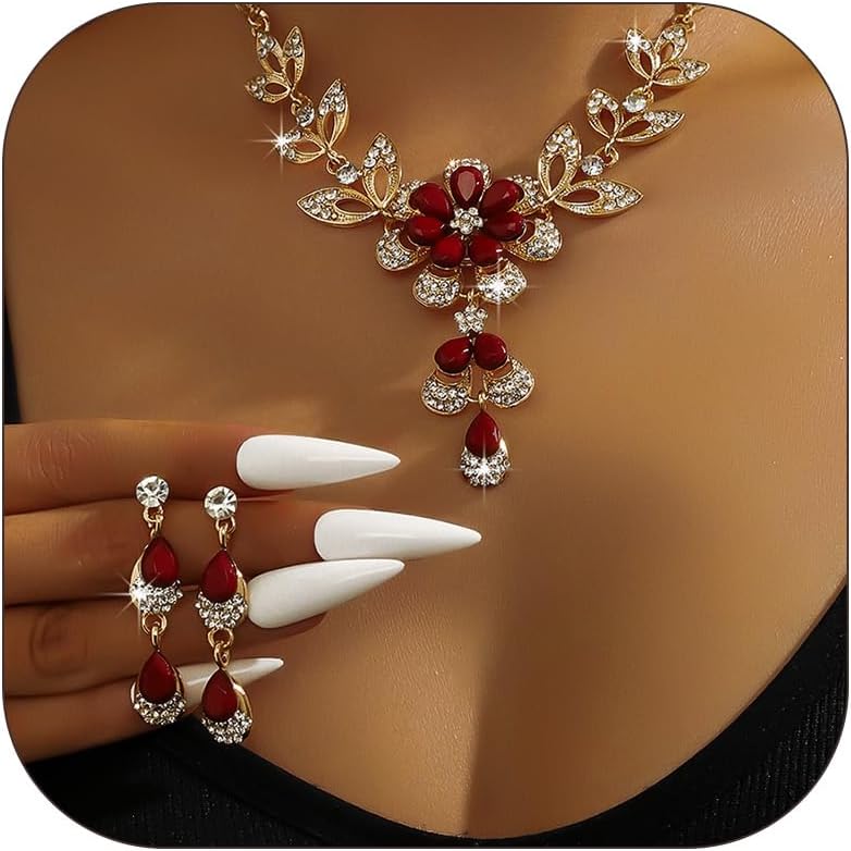 Wedding Jewelry Sets for Brides Rhinestone Necklace and Earring Set Bracelet Ring Gold Silver Prom Jewelry Sets Diamond Flower Teardrop Necklace for Women