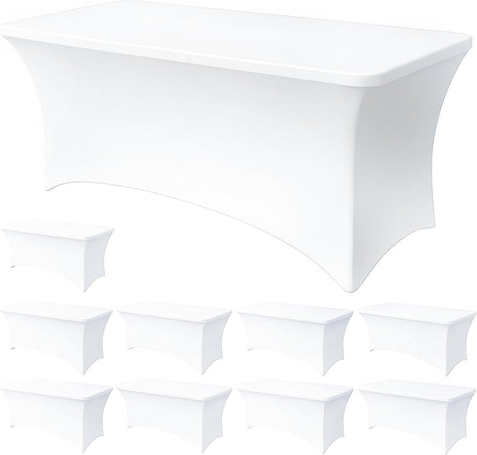 6FT White Table Cloth - 10 Pack Fitted Stretch Rectangle Spandex Tablecloth, Washable Table Cover for Party, Picnic, Wedding, Banquet, Birthday and Festival(30" x 72")