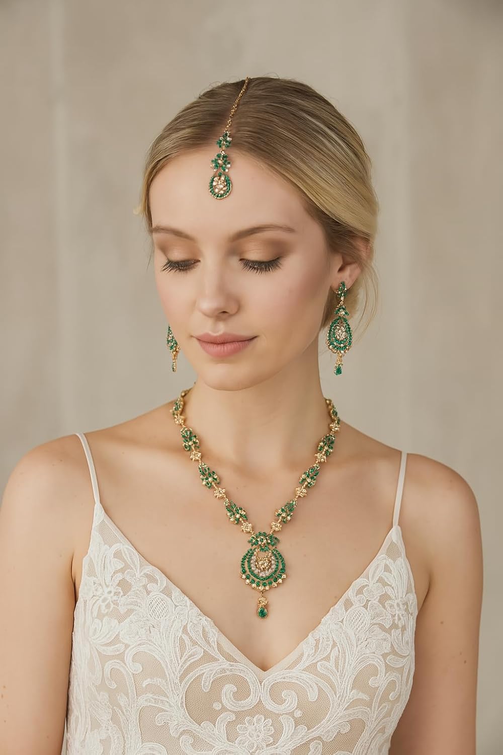 Touchstone Indian jewelry sets for women maang tikka wedding guest gold necklace bollywood jewellery set pageant elegant prom bride accessories western crystal chunky rhinestone necklaces