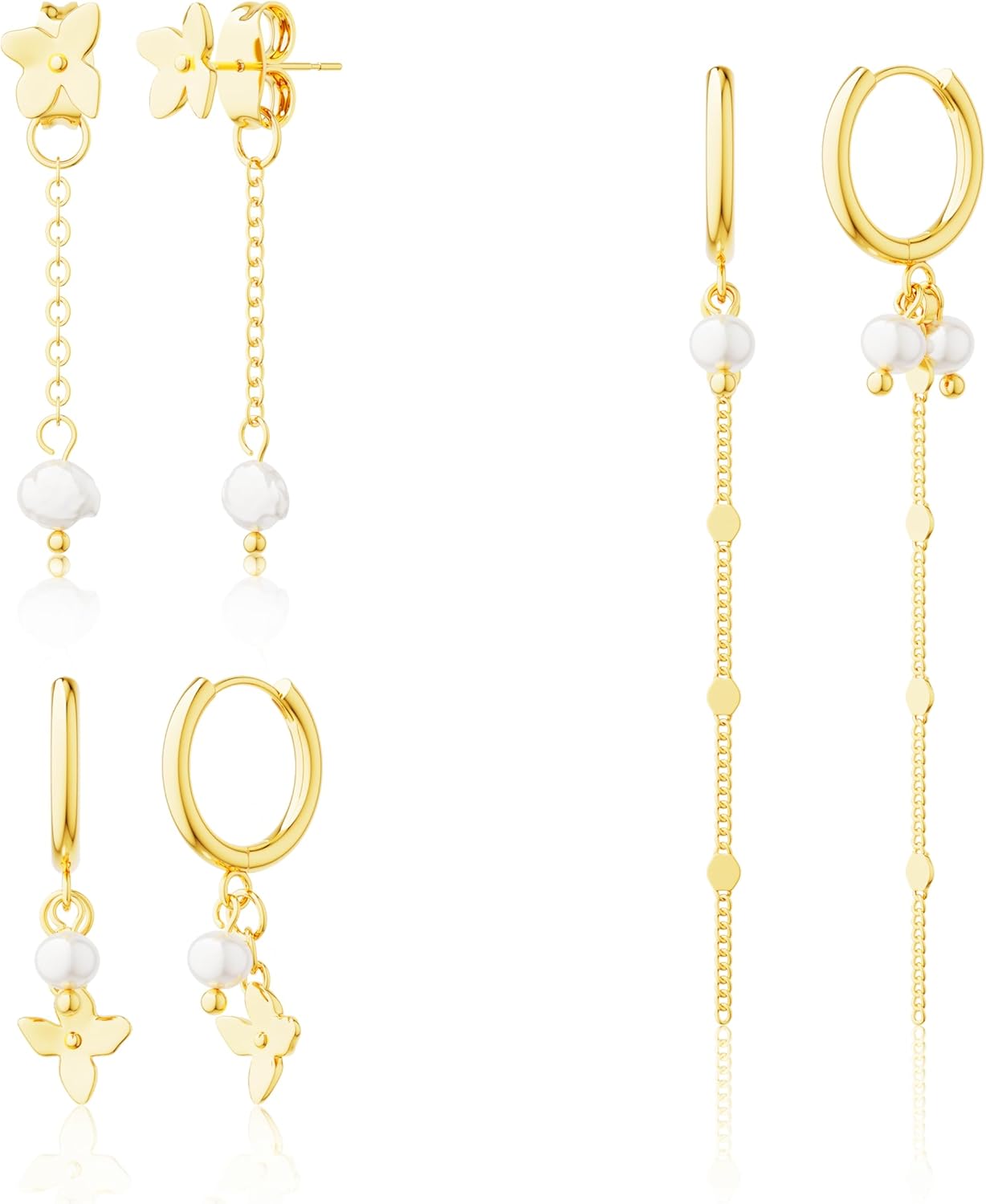 Moodear Gold Earrings for Women No Tarnish - Trendy 14K Gold Plated Pearl Hoop Studs Chain Earrings Stacks for Women Wedding Jewelry Gift