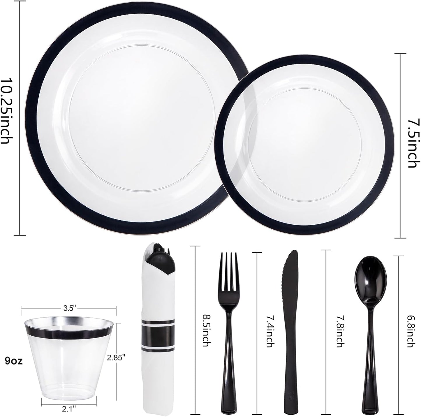 I00000 350 Pcs Clear and Black Plastic Plates,Black Dinnerware Set, Include 50 Dinner and 50 Dessert Plates,50 Plastic Cups,50 Per Rolled Napkins with Cutlery for Party,Wedding,Halloween