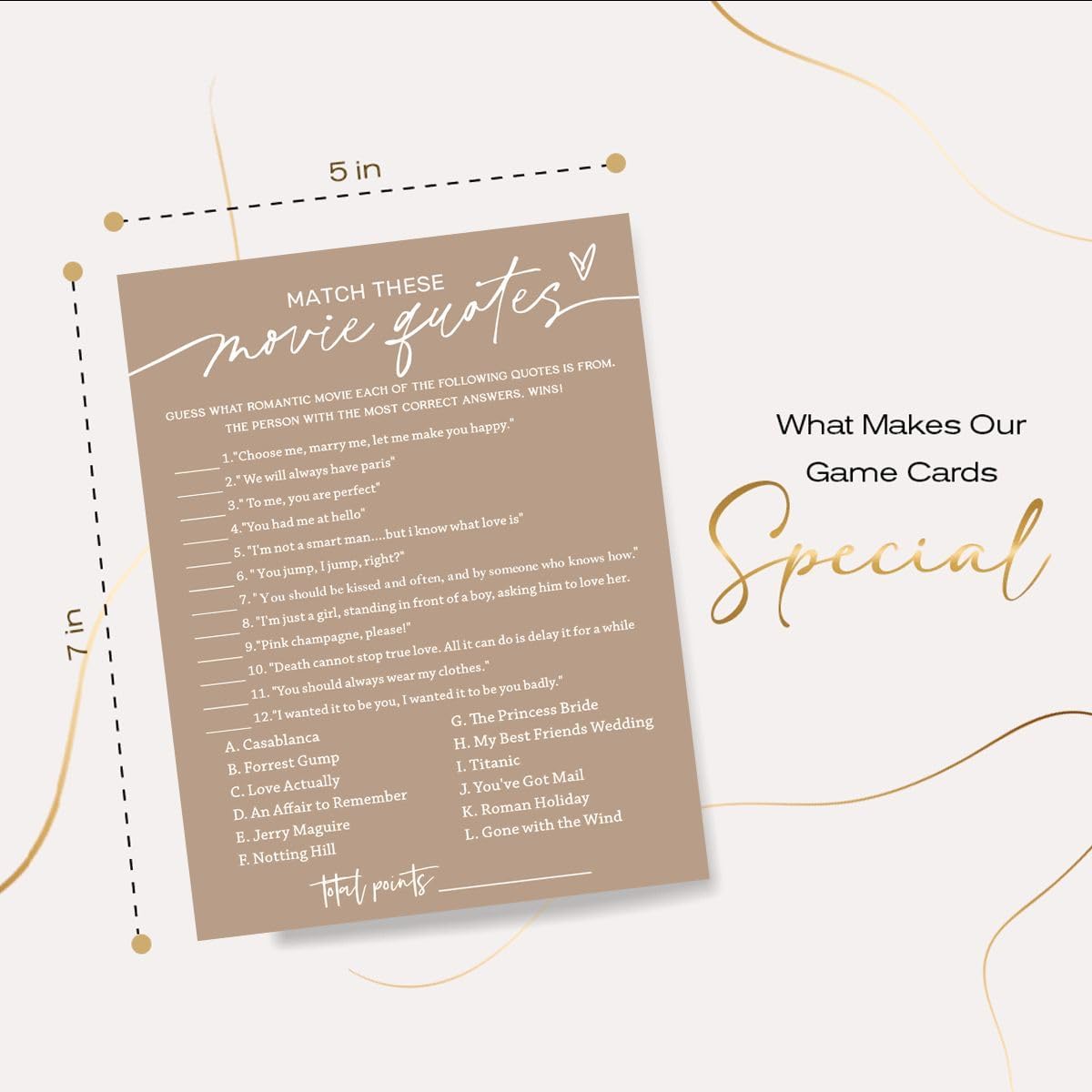 Bridal Shower Games Cards, Match These Movie Quotes, 25 Game Cards with 1 Answer Card, Engagement Party Wedding Games for Guests, Minimalist Brown Wedding Party Supplies - D09