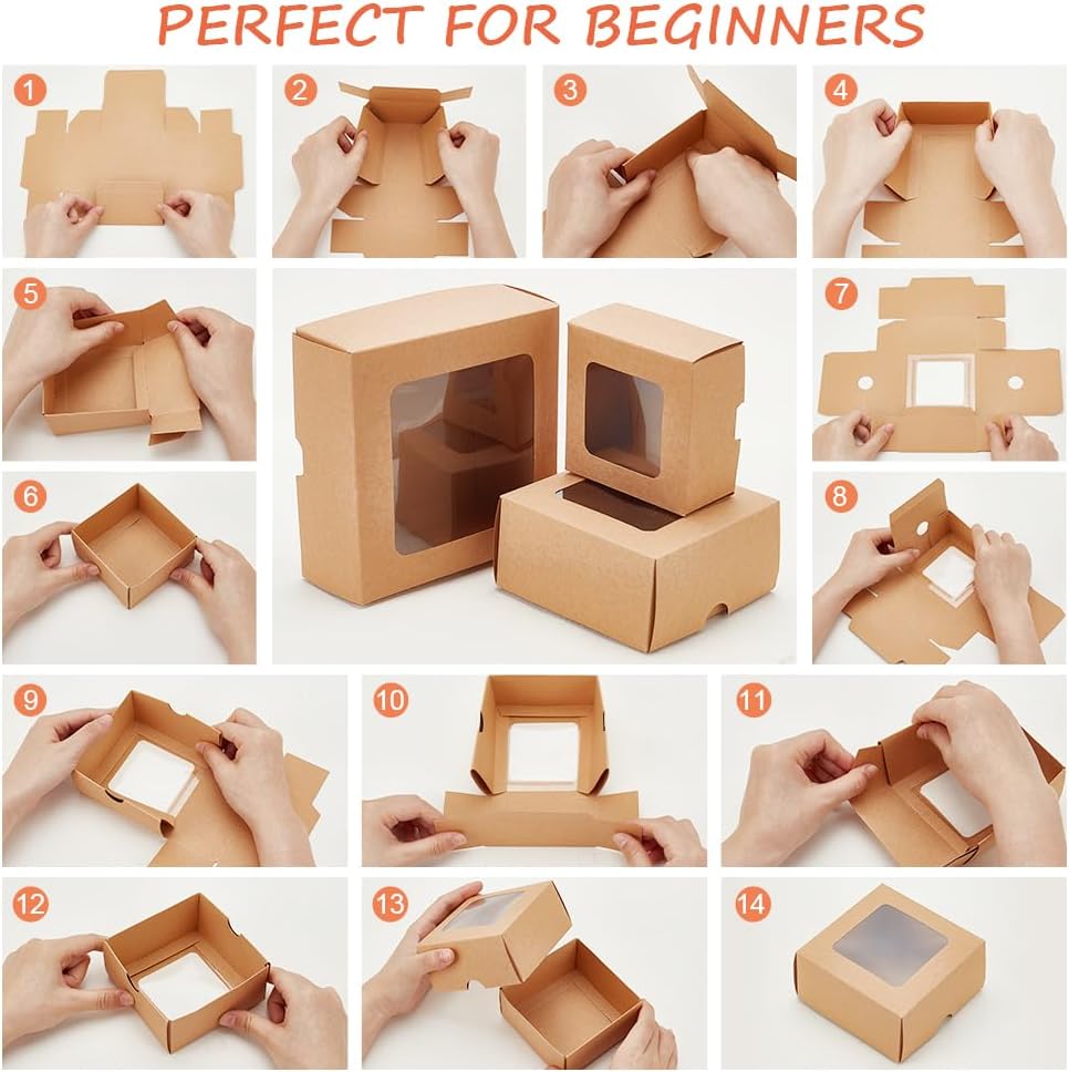 BENECREAT 10PCS Brown Kraft Paper Box with Clear Window, 5.12x5.12x1.97inch Square Kraft Paper Gift Box for Wedding Party Gifts, Festival Jewelry Packaging, Candy Storage