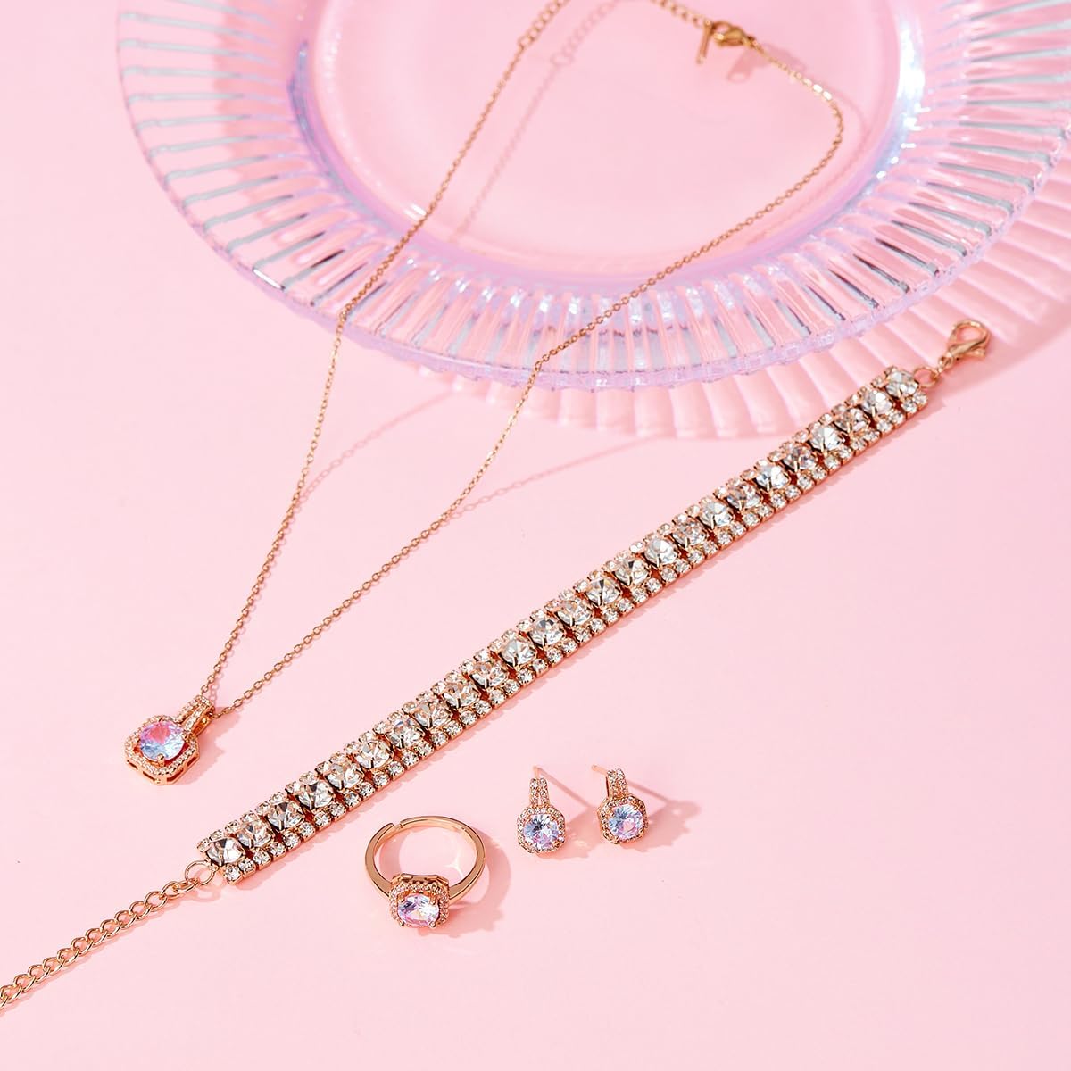 4pcs Cubic Zirconia Wedding Jewelry Sets for Bride Bridesmaid Cubic Zirconia Pendant Necklace Earrings Link Tennis Bracelet Open Ring Set for Women