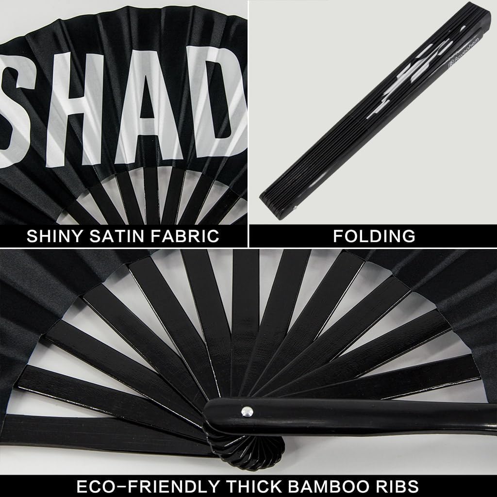 UV Glow Rave Fan, Bamboo Folding Clack Hand Fans Foldable for Men Women, Boots on the Ground Poping Fan for EDM Festival Line Dance Decoration, (Shade Pattern, Large 13")