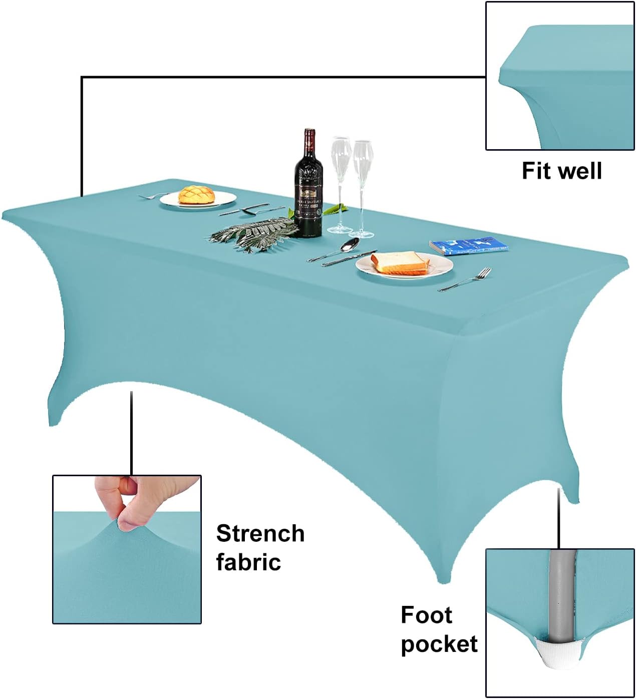 FORLIFE Spandex Table Cover - Fitted Rectangular Tablecloth, 6ft, Stretch Patio Cover, Universal for Wedding, Banquet, Party (Aqua)