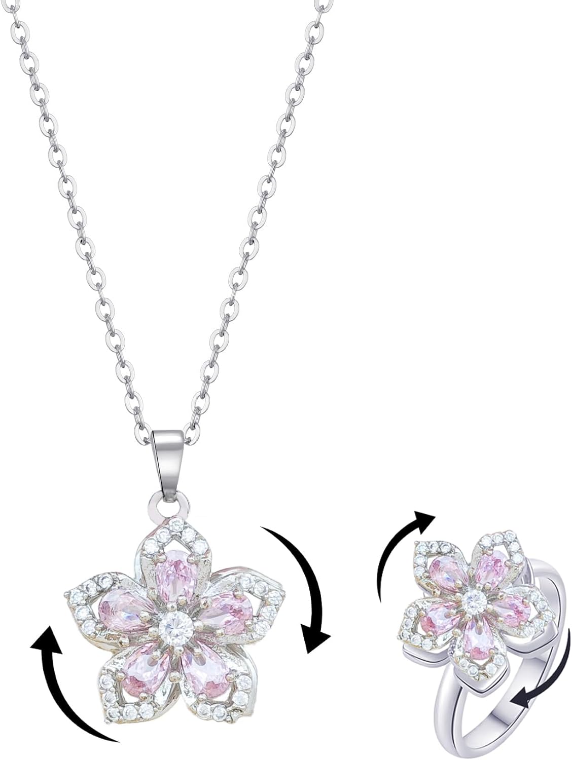 Necklace for Women Gold Flower Fidget Necklace Rotatable Crystal Silver Blossom Pendant Necklaces Adjustable Spinning Fidget Necklaces Redbud Flower Choker Funny Gift Jewelry