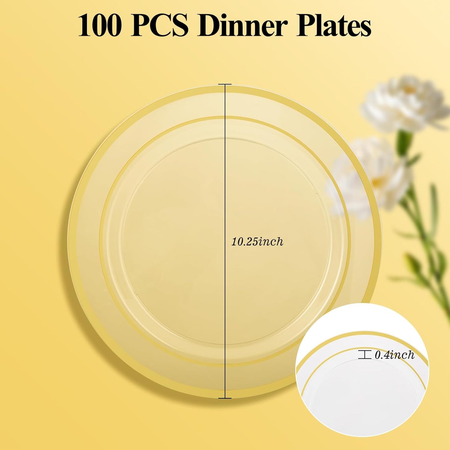 Goodluck 100PCS Clear Gold Plastic Plates, 10.25 Inch Dinner Plate with Silver Rim, Heavy Duty Disposable Plastic Plates for Party, Wedding, Birthday & Daily Use
