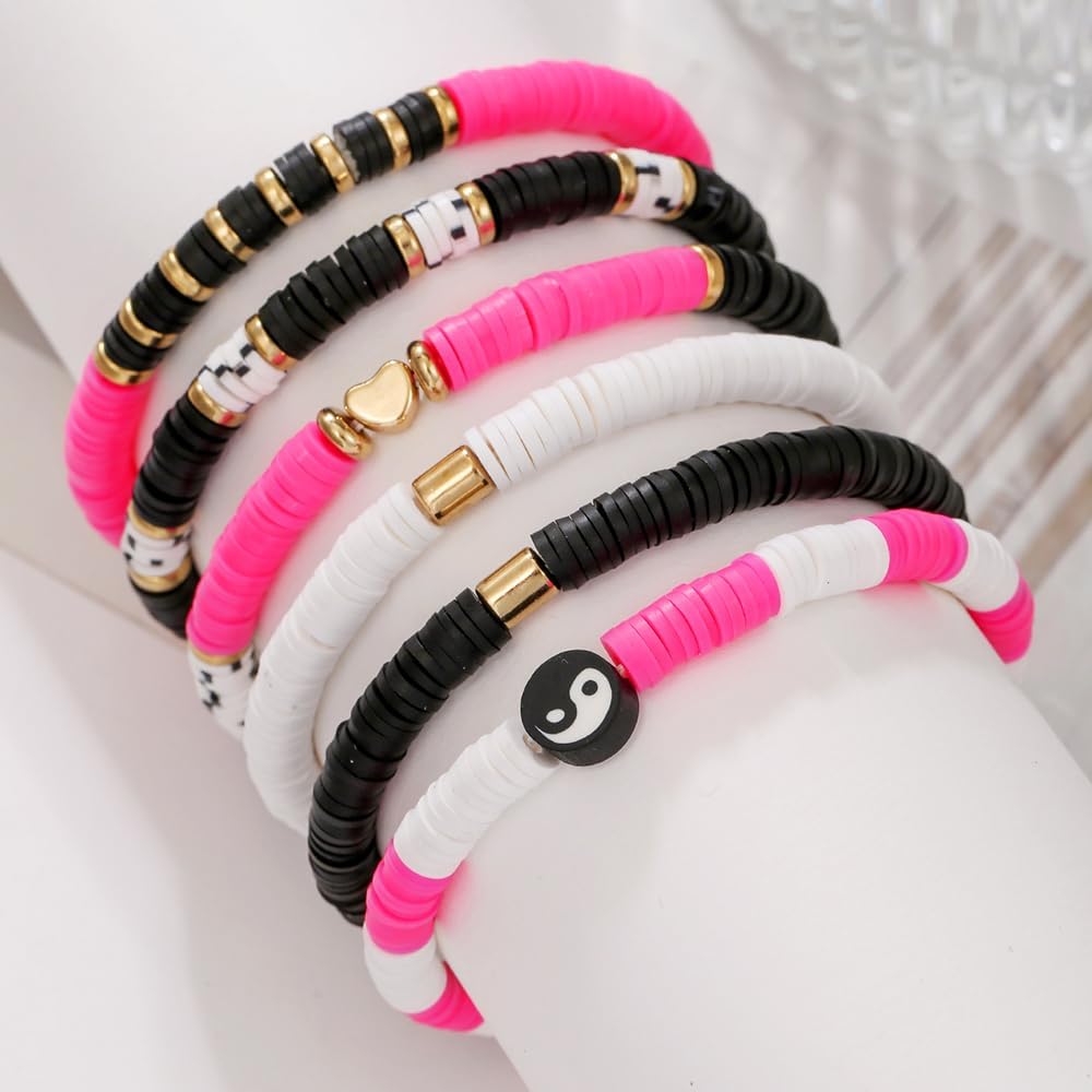 Friendship Bracelets for Women - Heishi Surfer Colorful Smile Evil Eye Clay Beaded Stretch Bracelets Elastic Layering - Stackable Boho Disc Y2K Aesthetic Summer Jewelry Set.