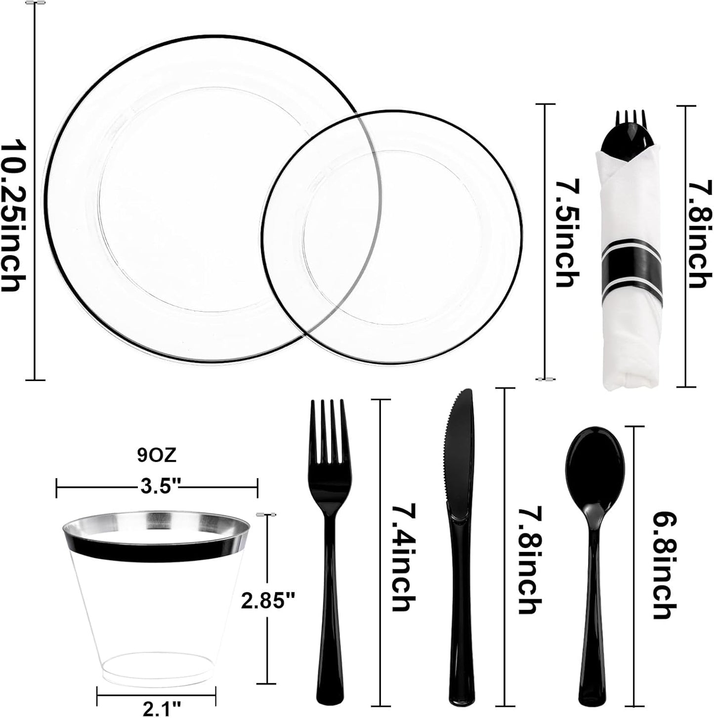 SUT 350 Pcs Black and Clear Plastic Dinnerware Set for 50 Guests, Include: 50 Dinner Plates, 50 Dessert Plates, 50 Pre Rolled Napkins With Silverware, 50 Cups, Disposable Plates for Party