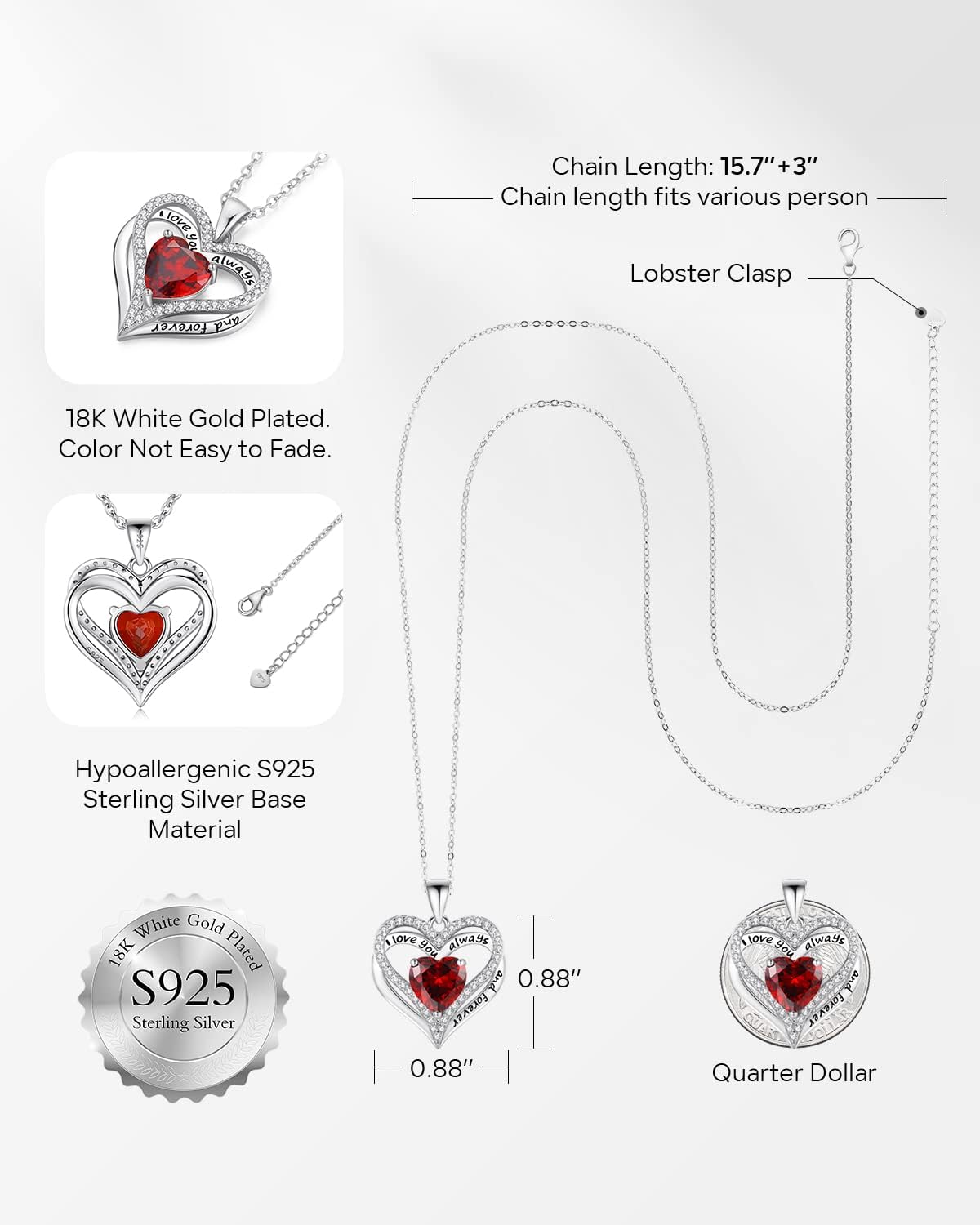 S925 Sterling Silver Necklace for Women, Wife Jewelry Rose Gold, Mom Birthday Valentines Mothers Day Gifts, Girlfriend Necklaces, Daughter Heart Jewel, Anniversary for Her