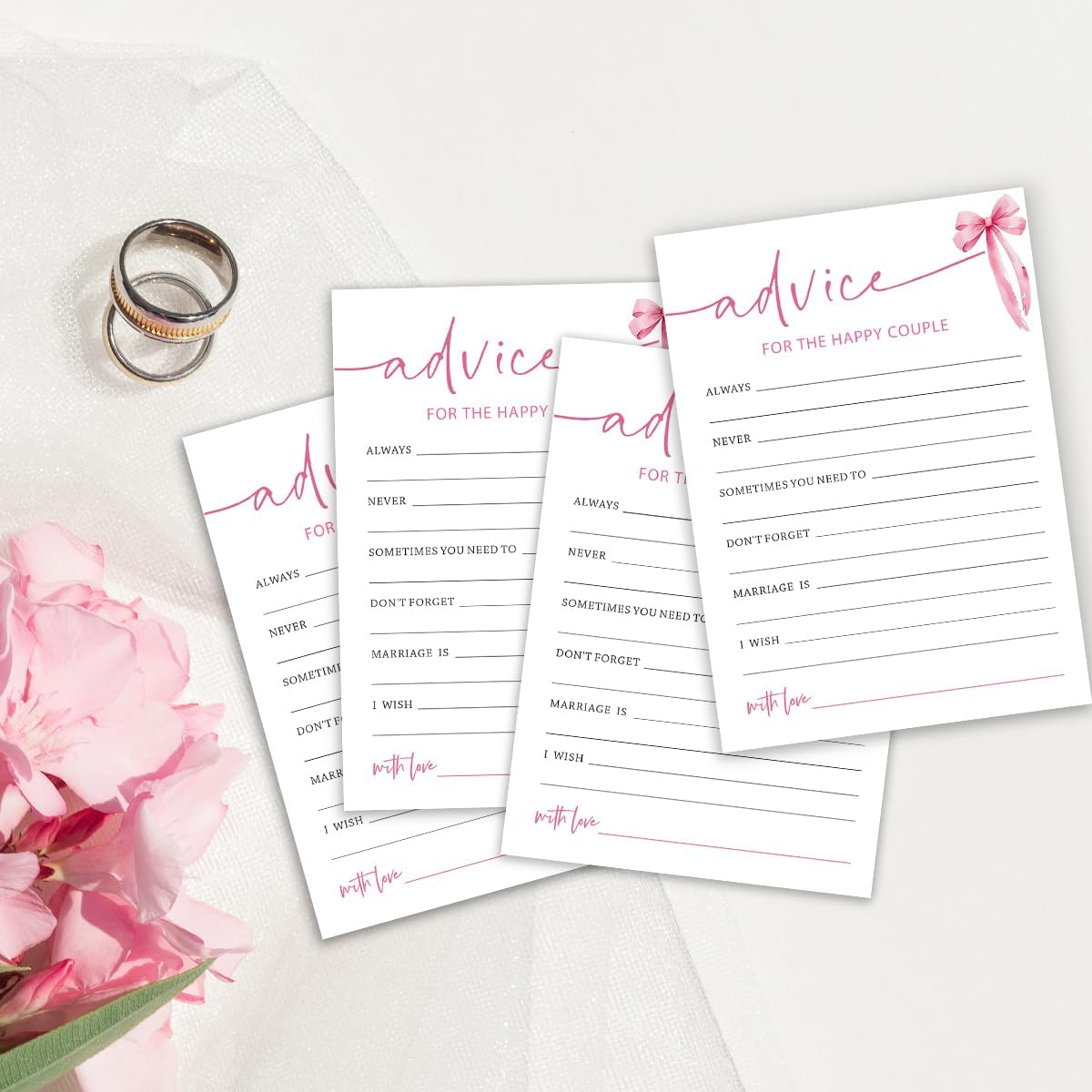 Bridal Shower Games Cards, Advice for The Happy Couple, Bridal Shower Games 25 Guests, Engagement Party Wedding Games for Guests, Pink Ribbon Bow Wedding Party Supplies - E10