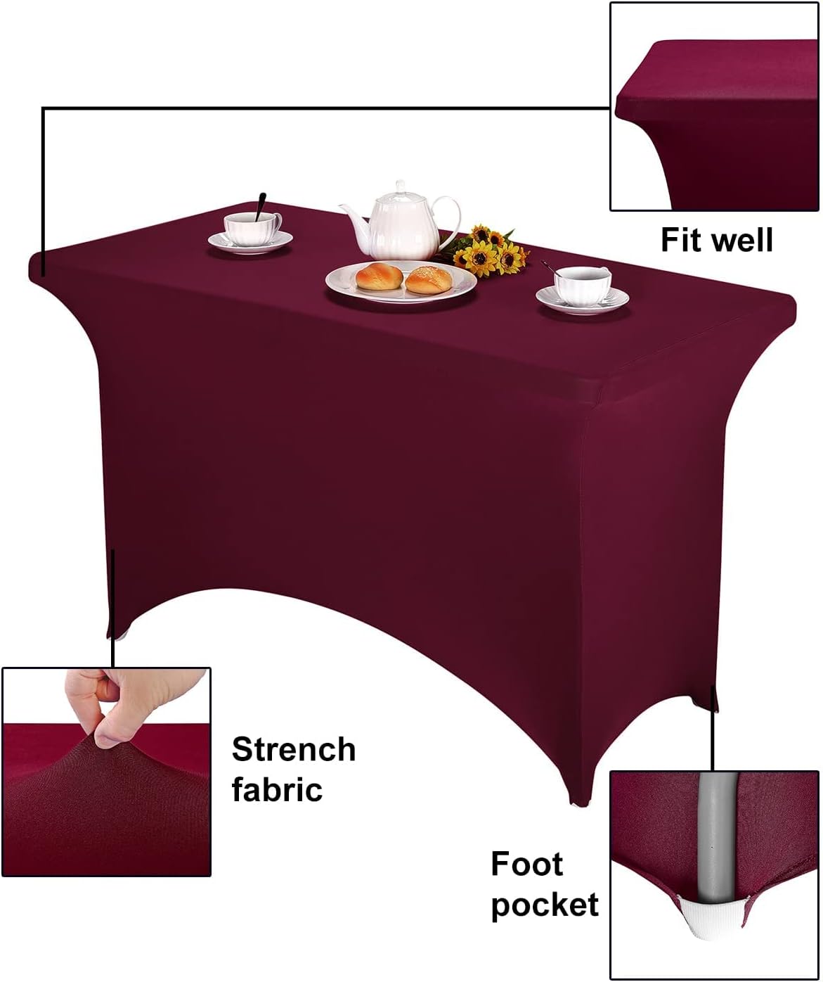 FORLIFE 4Pack Spandex Table Covers，Fitted Tablecloth for Rectangular Tables, Stretch Patio Table Covers, Universal Spandex Table Cover for Wedding, Banquet, Party (4ft, Burgundy)