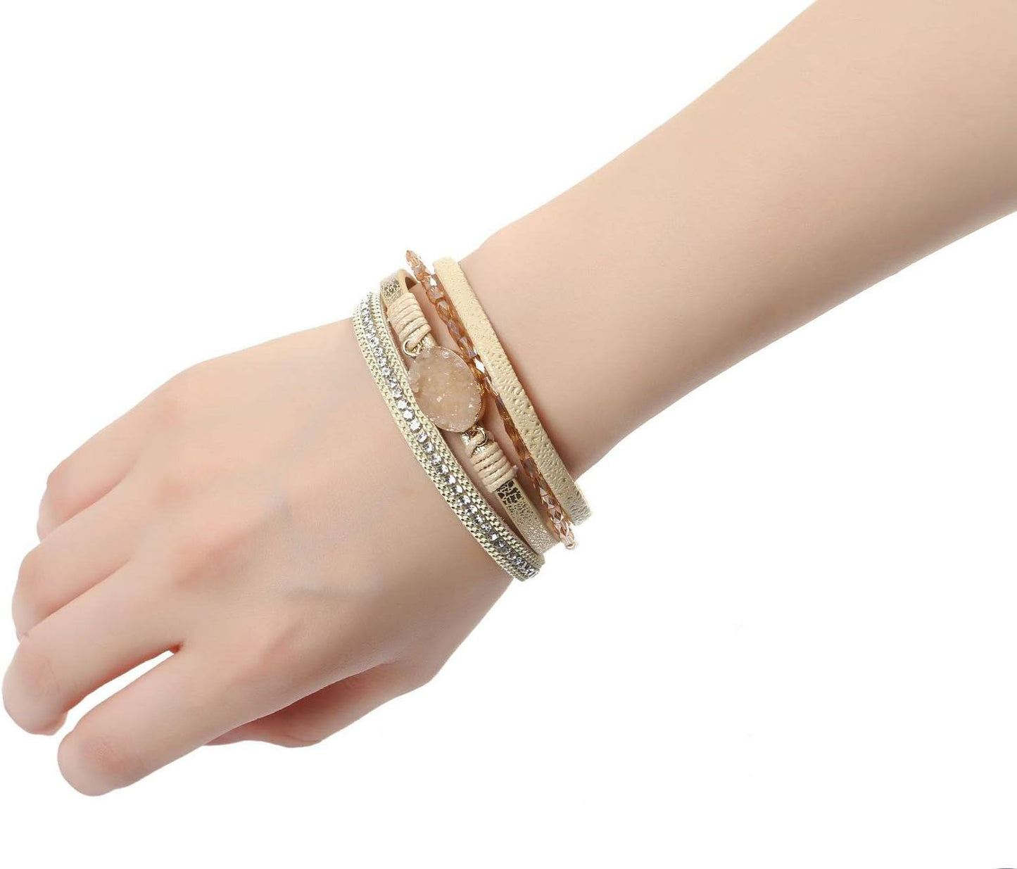 Fesciory Leopard Bracelet for Women, Boho Leather Wrap Multi-Layer Pearl Crystal Bracelet Bangle Jewelry