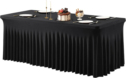 PARTISKY Black Spandex Tablecloth for 4ft Rectangle Tables, Stretchable Table Cover Skirt for Folding Tables Weddings Parties Banquets Events Trade Shows and Dessert Table