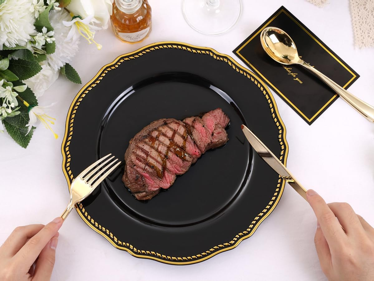Hioasis 60pcs Balck Plastic Plates - Black and Gold Disposable Dinnerware with Gold Rim, Heavy-duty, 10.25 inch, Dinner Plates for Party & Wedding
