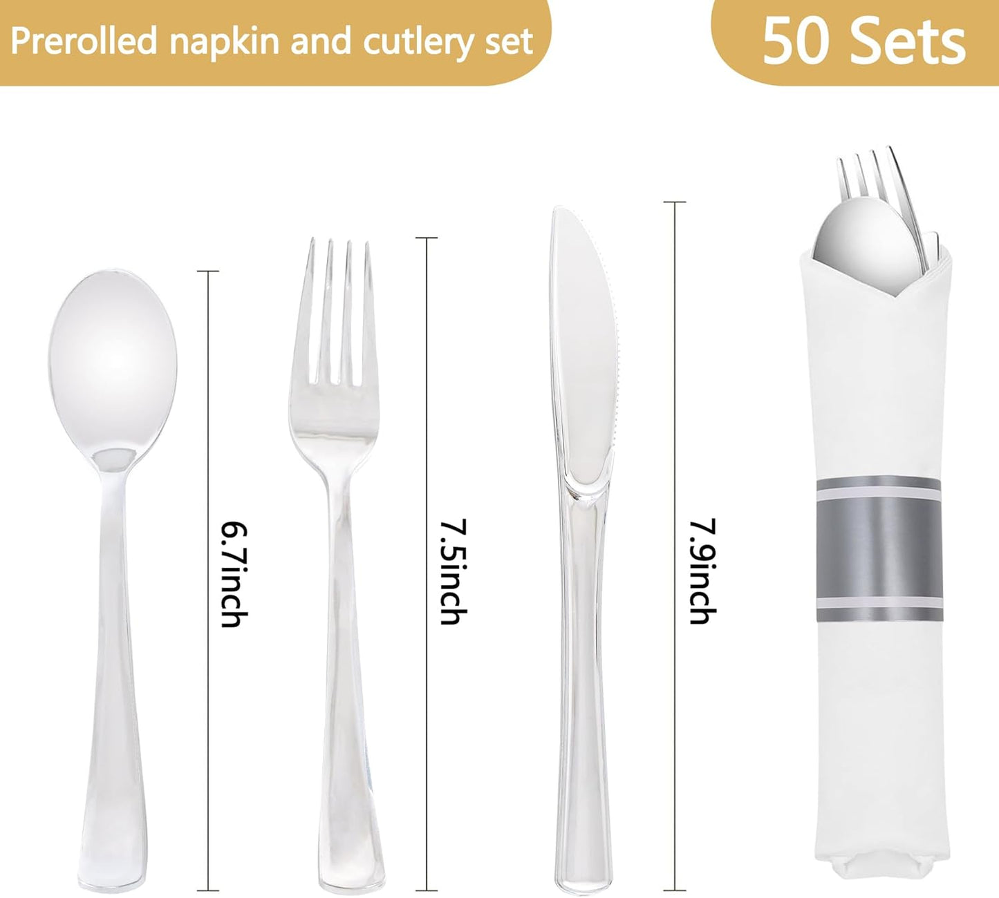 50 Pack Pre Rolled Silver Plastic Silverware Set,Wrapped Plastic Cutlery Set with Napkin Include 50 Forks,50 Spoons,50 Knives and 50 White Napkins for Party,Wedding