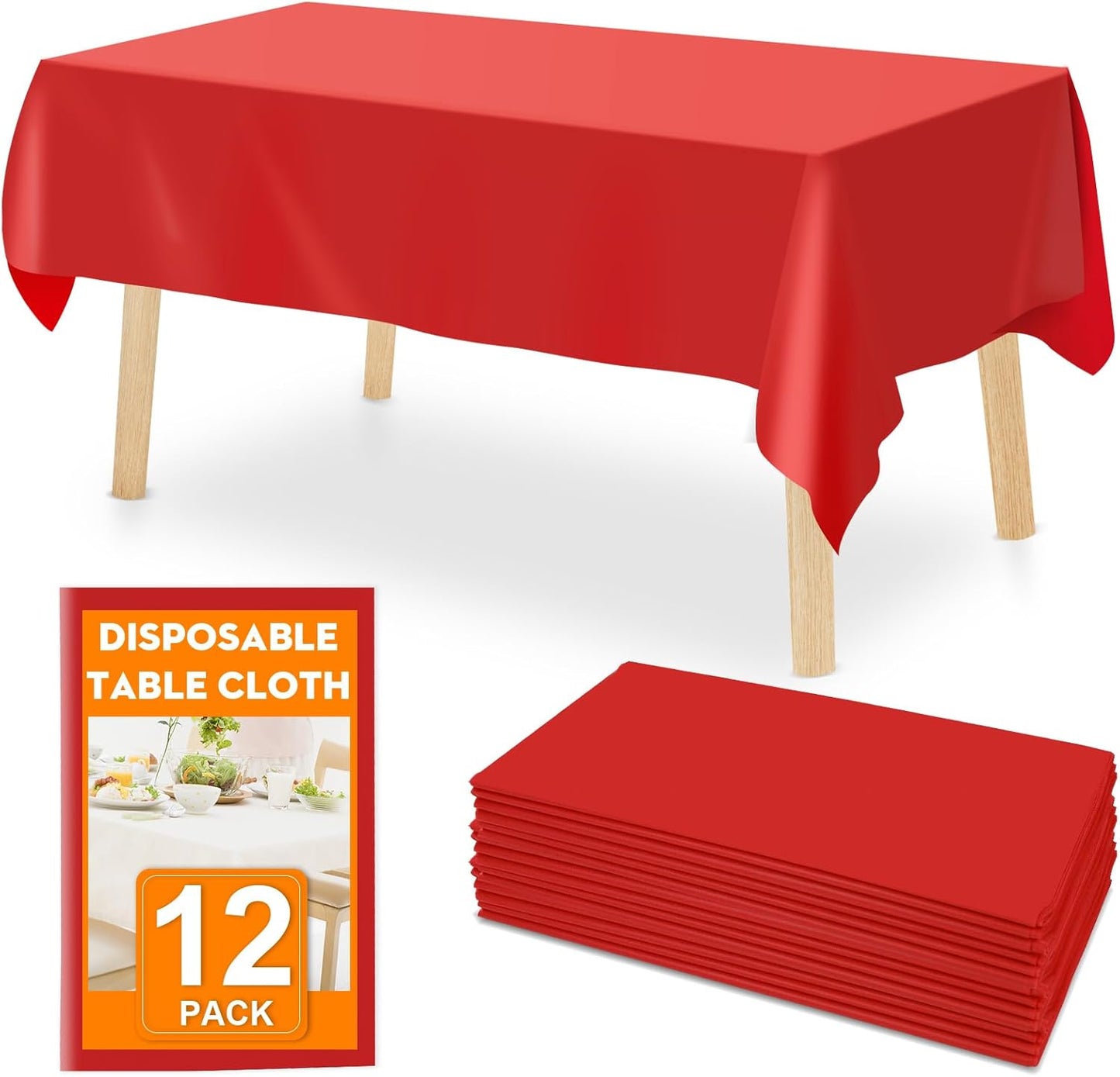 12 Pack Red Plastic Table Cloths Disposable, 54 x 108 Inches Plastic Table Cover for Rectangle Tables, Disposable Tablecloth for Dinning, Parties, BBQ, Wedding, Outdoor