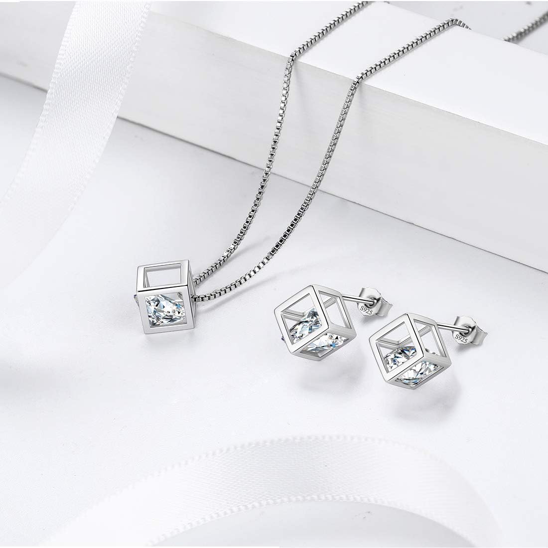 Aurora Tears Birthstone Necklace/Earring 925 Sterling Silver Women Cross/3D Cube/Cresent Moon Birth Stone Jewelry Mens Birthday Gift Anniversary Present