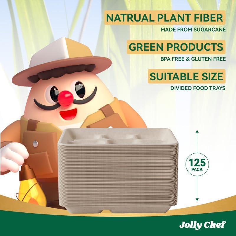 JOLLY CHEF Compostable 5 Compartment Paper Plates 10 * 8.25 * 1 inch 125 Pack Small Disposable Eco-Friendly Biodegradable Food Trays for Primary and Secondary School Students’ Lunch (Brown)