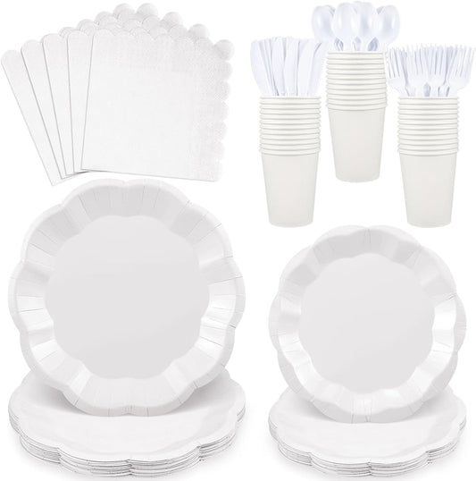175 Pcs White Plates and Napkins Set, 25 Guest White Party Supplies Include Scalloped Plate Paper Napkin Cup Forks Knives Disposable Plastic Cutlery for Wedding Baby Shower Birthday Party