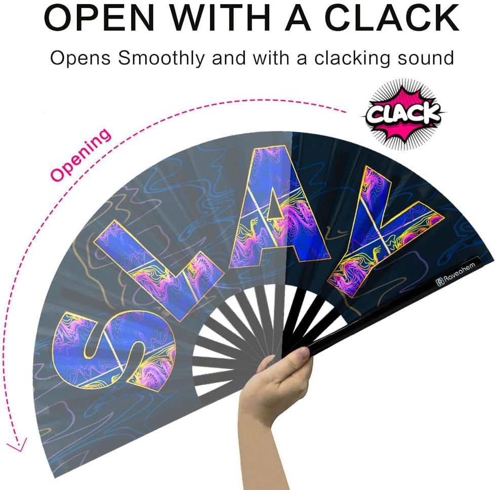 UV Glow Rave Fan, Bamboo Folding Clack Hand Fans Foldable for Men Women, Boots on the Ground Poping Fan for EDM Festival Line Dance Decoration, (Slay, Large 13")
