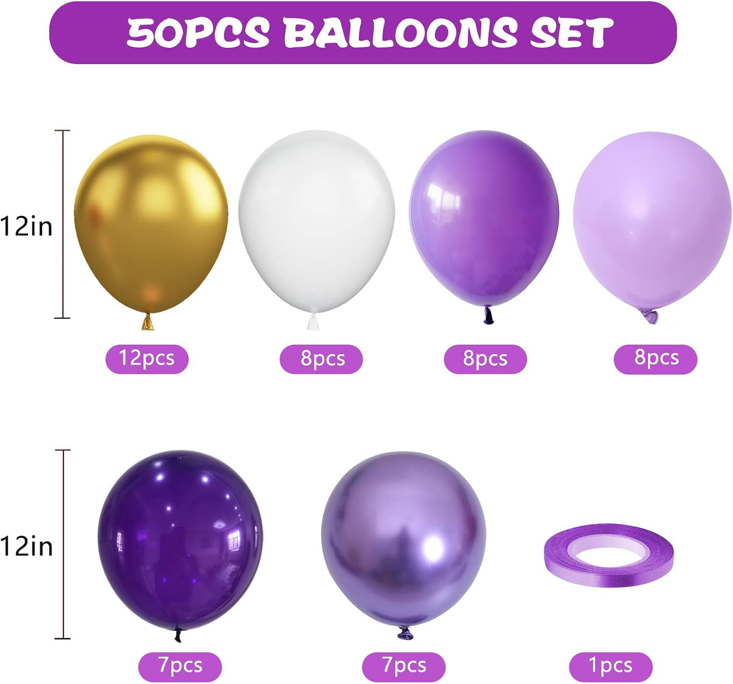 Purple and Gold Balloons, 50pcs 12 Inch Purple Gold White Balloons Metallic Purple Balloons Pastal Purple White Balloons for Purple Birthday Decorations Shower Princess Theme Party Decorations