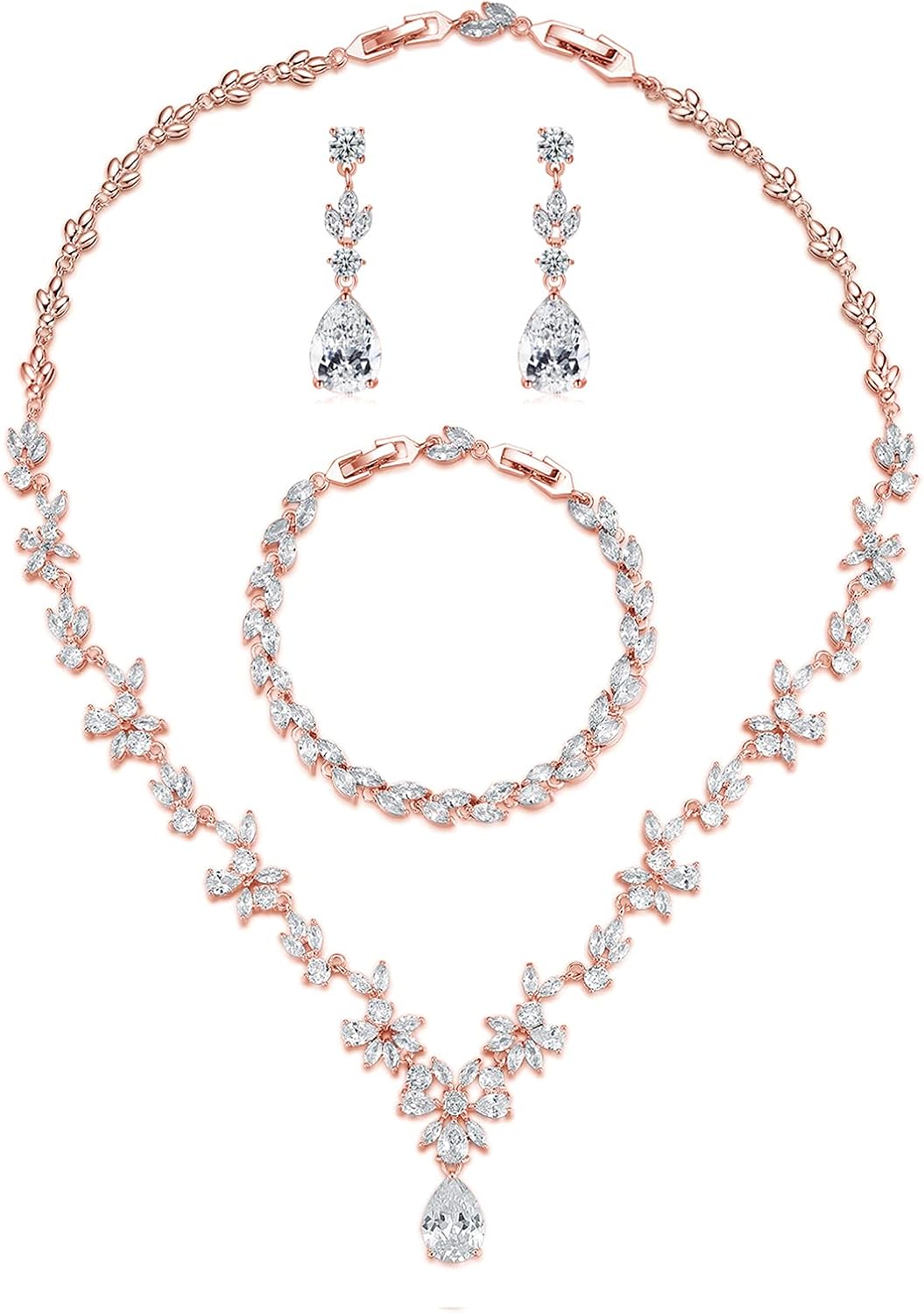 Wedding Jewelry for Bride, Silver Bridal Necklace Earrings Bracelet Set with Clear Cubic Zirconia, Bridemaids Jewelry Set for Wedding, Crystal Wedding Party Jewelry Set for Women Girls