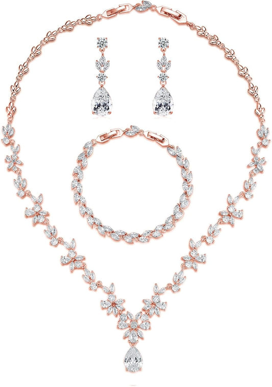 Wedding Jewelry for Bride, Silver Bridal Necklace Earrings Bracelet Set with Clear Cubic Zirconia, Bridemaids Jewelry Set for Wedding, Crystal Wedding Party Jewelry Set for Women Girls